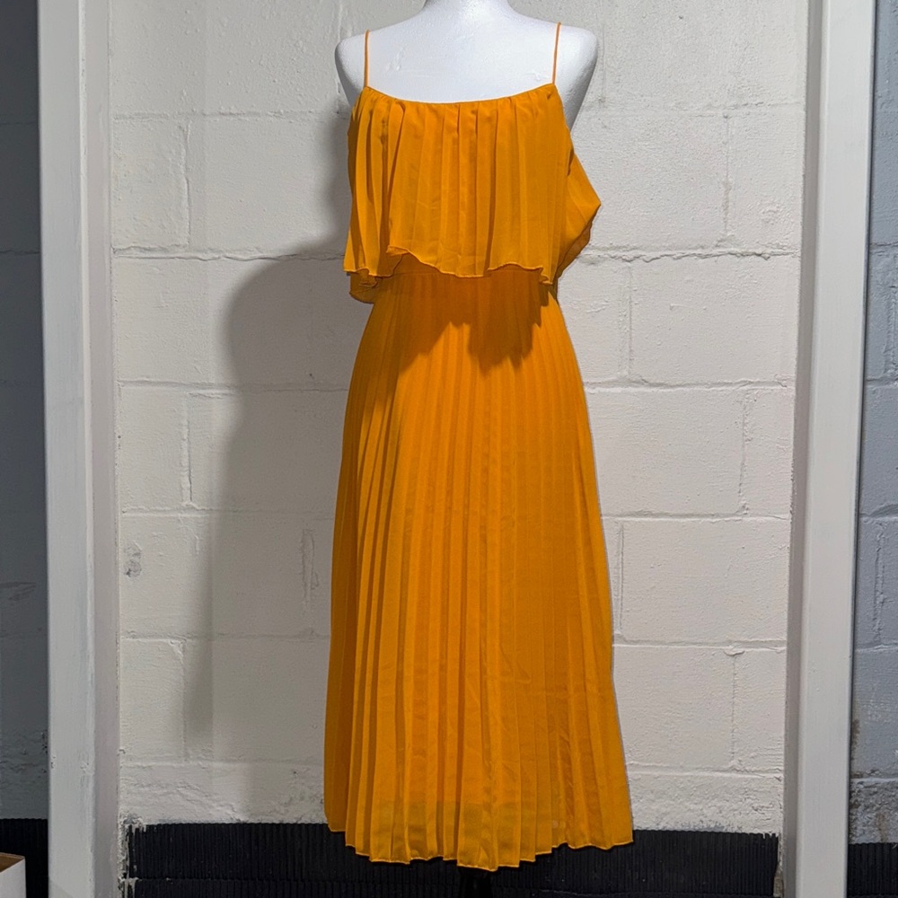 ASOS Mustard/Bright Yellow Pleated Fold Over Bandeau Flowy Midi Dress